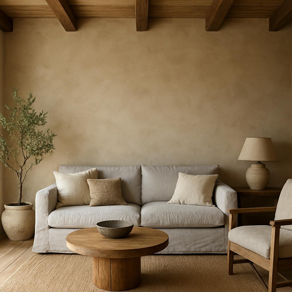 Overloop van een bekoorlijk woonkamerinterieur in neutrale kleuren.