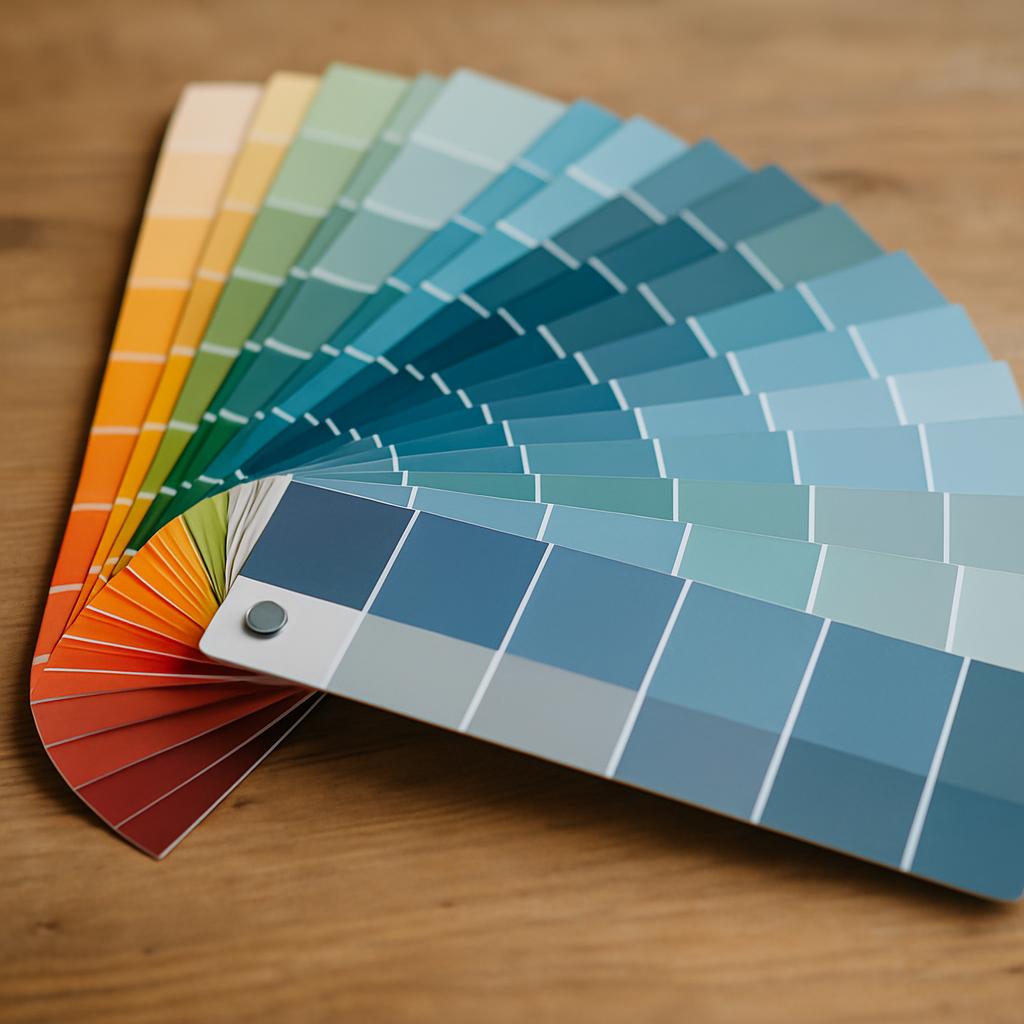 Dutch Infinite shades of blue, green, orange, and yellow in an image of a fan of paint swatches.
